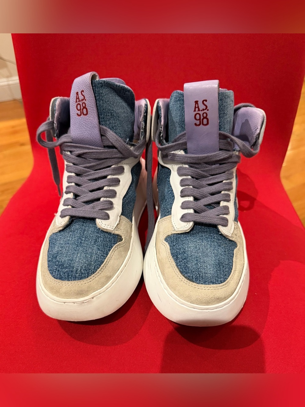 A.S.98 Denim & Suede High-Top Sneakers in Blue, Beige, and Purple EU 37